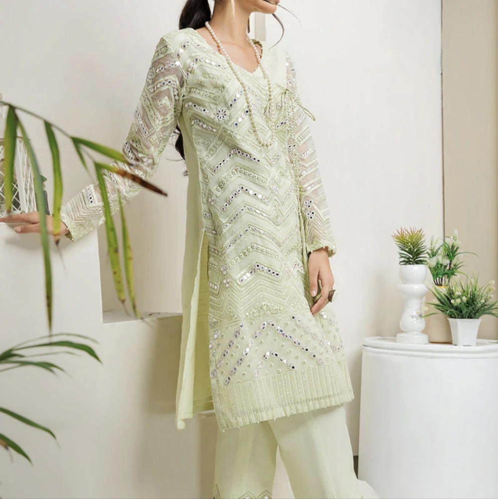 EMBROIDERED MIRROR WORK ANGRAKHA WITH MATCHING PANTS AND DUPATTA - Picture 2 of 7